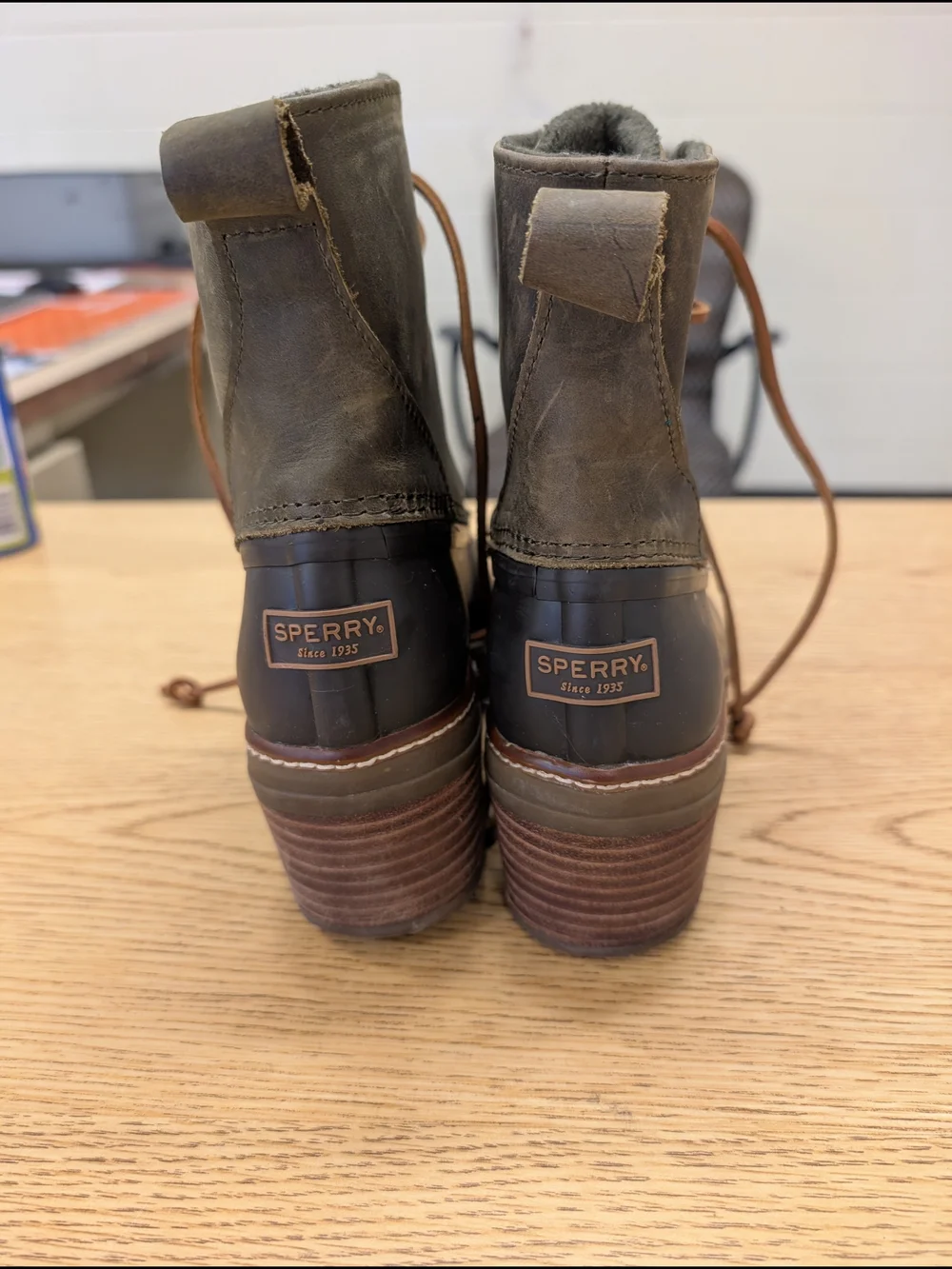 Sperry Olive Green and Brown Waterproof Lace-Up Duck Boots